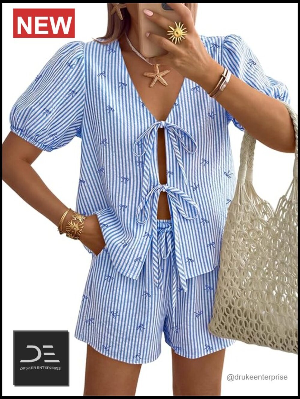 2 Piece Short Set Striped Tie Front Top Puff Sleeve Matching Outfit